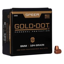 SPEER AMMUNITION GOLD DOT, .355 DIAMETER, 9MM, 124 GRAIN, HOLLOW POINT, 100 COUNT