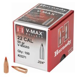 HORNADY V-MAX, .224 DIAMETER, 22 CALIBER, 55 GRAIN, BALLISTIC TIP, 100 COUNT