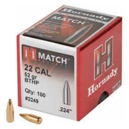 HORNADY MATCH, .224 DIAMETER, 22 CALIBER, 52 GRAIN, BOAT TAIL HOLLOW POINT, 100 COUNT