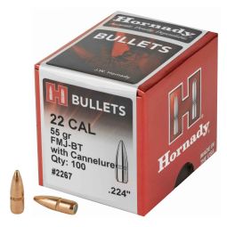 HORNADY FMJ-BT, .224 DIAMETER, 22 CALIBER, 55 GRAIN, BOAT TAIL, 100 COUNT