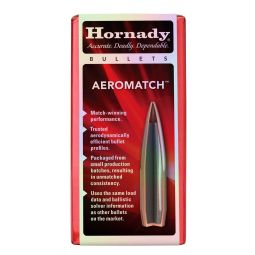 HORNADY AEROMATCH, .224 DIAMETER, 22 CALIBER, 69 GRAIN, AEROMATCH HOLLOW POINT BOAT TAIL, 100 COUNT