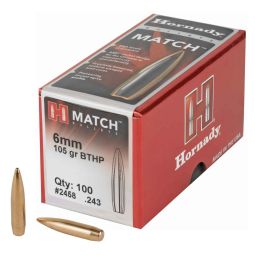 HORNADY MATCH, .243 DIAMETER, 6MM/243 WINCHESTER, 105 GRAIN, BOAT TAIL HOLLOW POINT, 100 COUNT