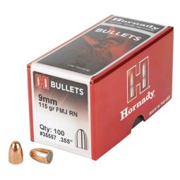HORNADY FMJ-RN, .355 DIAMETER, 9MM, 115 GRAIN, ROUND NOSE, 100 COUNT