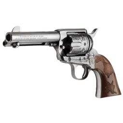E.M.F. COWPOKE 357 MAG 4.75", ENGRAVED NICKEL WOOD