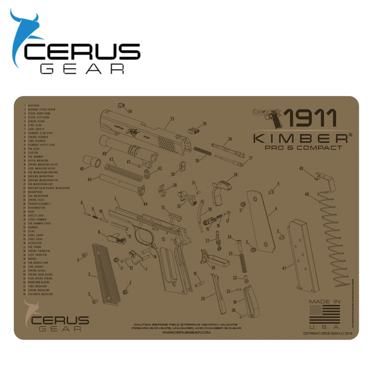 Cerus Gear Gun Cleaning Mat for 1911 Kimber Comp & Pro 12"x17" Tan for sale online 