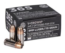 Sig Sauer 365 Elite Carry 9mm 115gr JHP V-Crown Ammunition, 20 Round Box