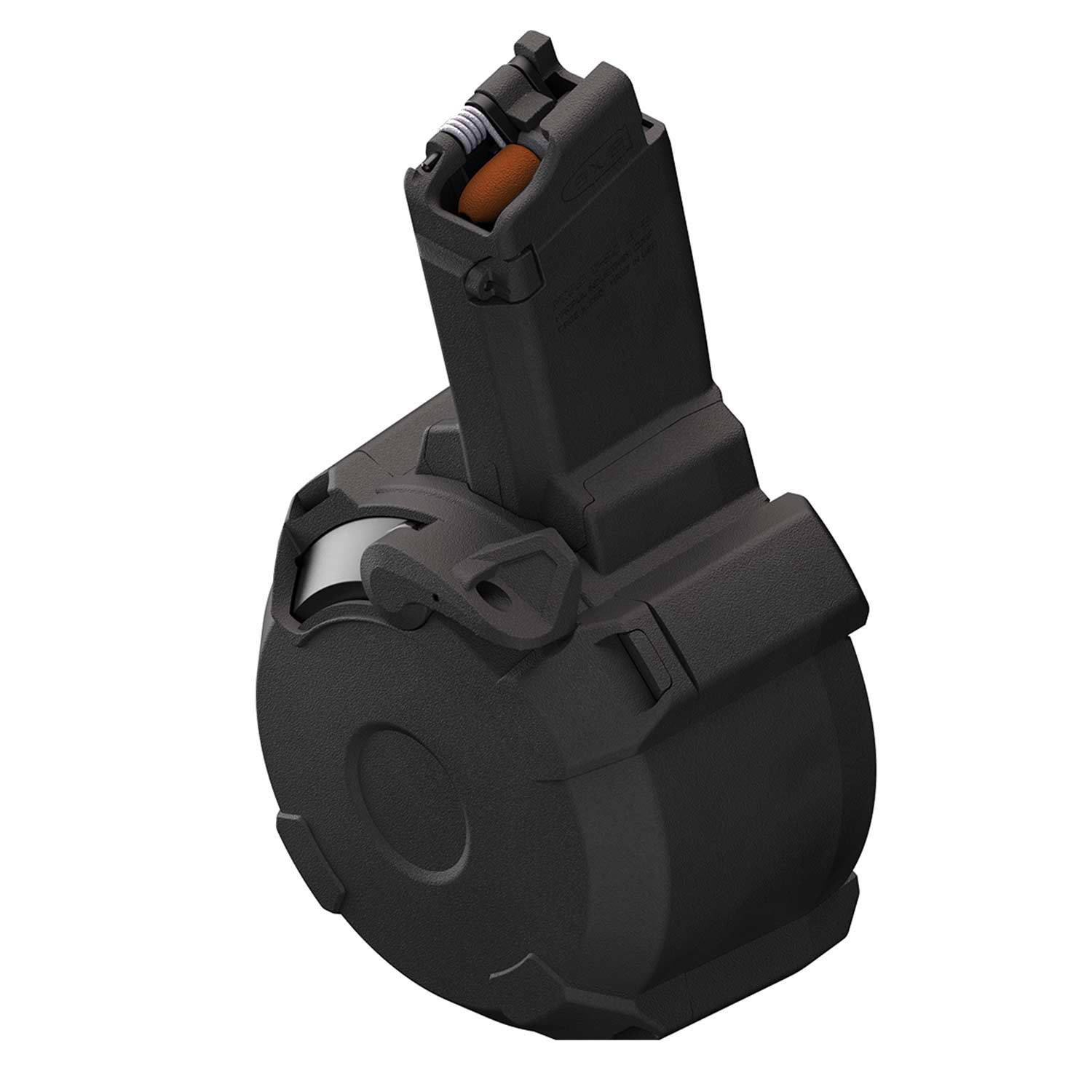 ...this drum style magazine can hold up to 50 9mm rounds and fits into larg...