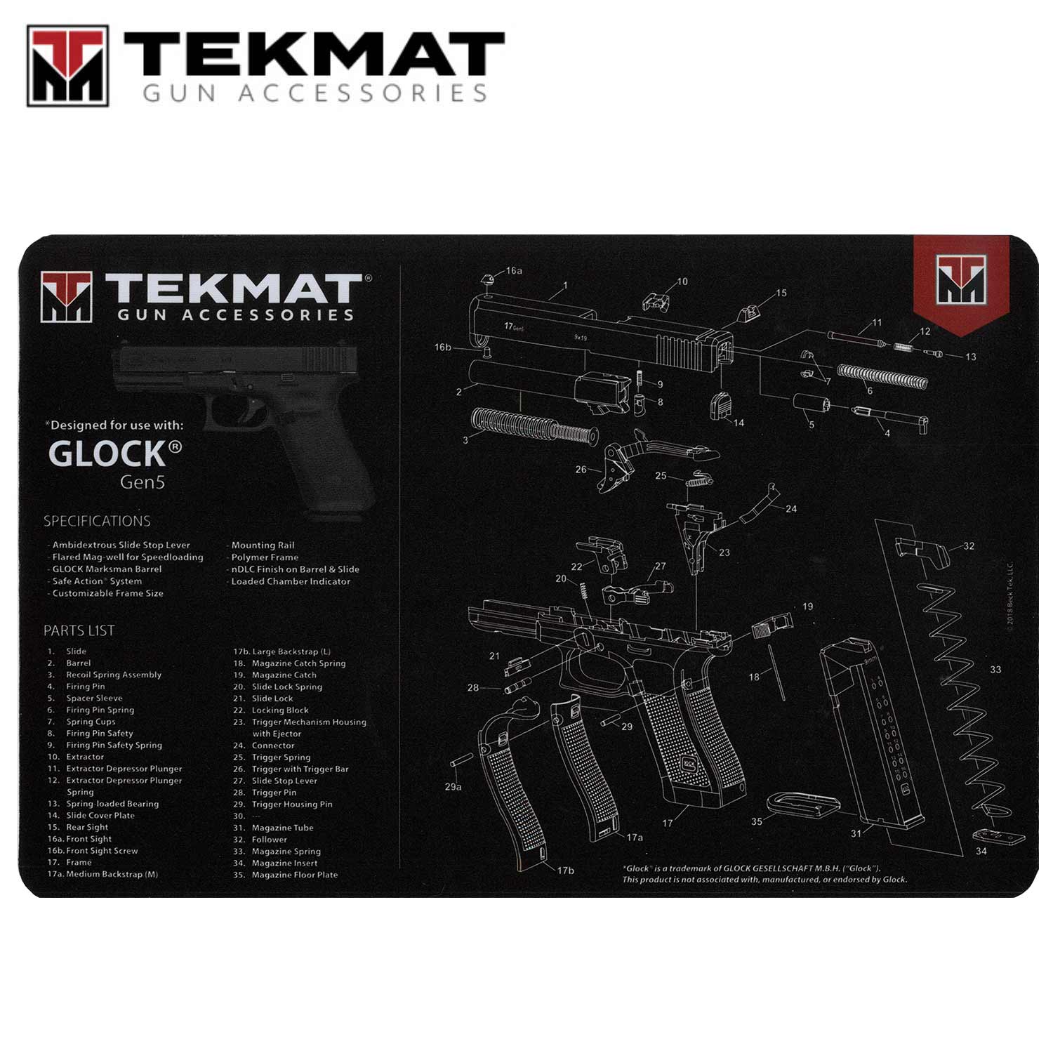 TekMat® Gun Cleaning and Repair Mat for Glock Pistols 11" x 17" Neoprene Rubber 