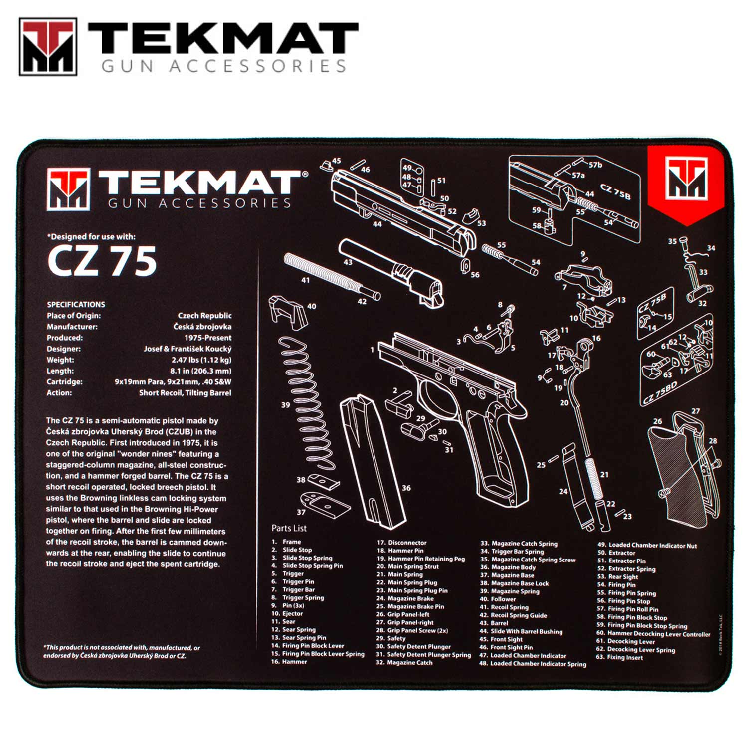 Illustrated Gun Cleaning & Repair Mat for CZ Pistols 11" x 17"  Neoprene Rubber 